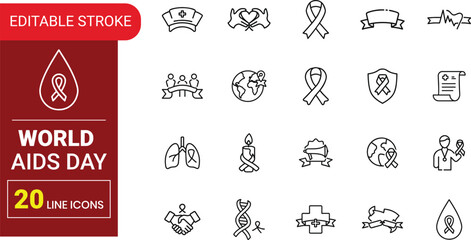 Editable World AIDS Day Outline Icon Set | Awareness Ribbon, Health, Hope, Medical Care