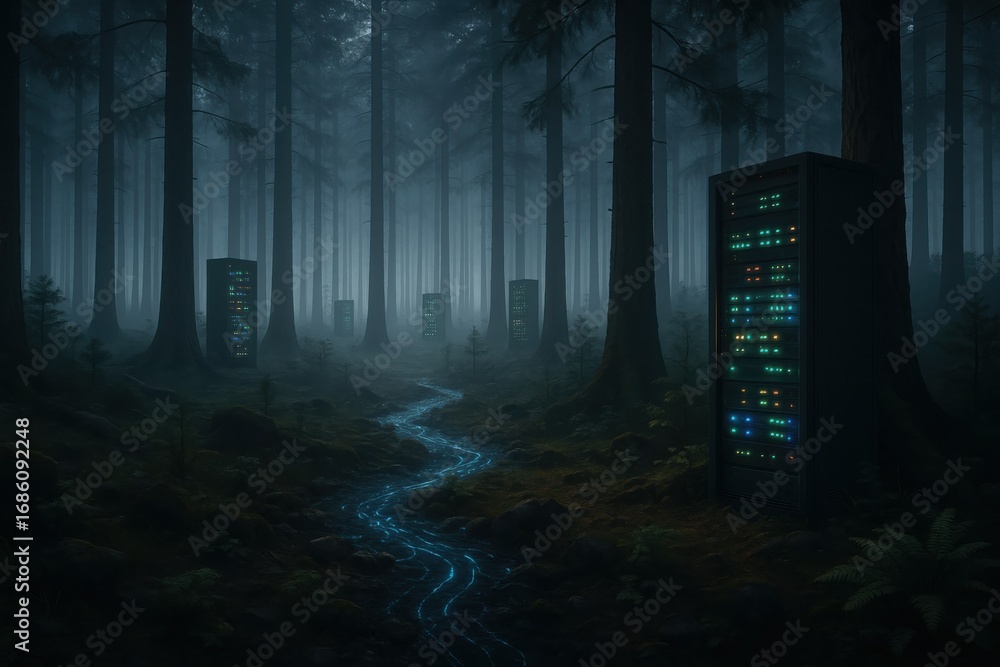 Poster surreal data forest: servers in a mysterious woodland environment with digital river
