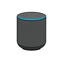 Illustration of a black cylindrical Amazon Echo device The top features a blue light and button icons