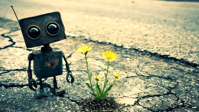 A charming rusty robot stands sentinel by vibrant yellow flowers sprouting from a cracked asphalt road.