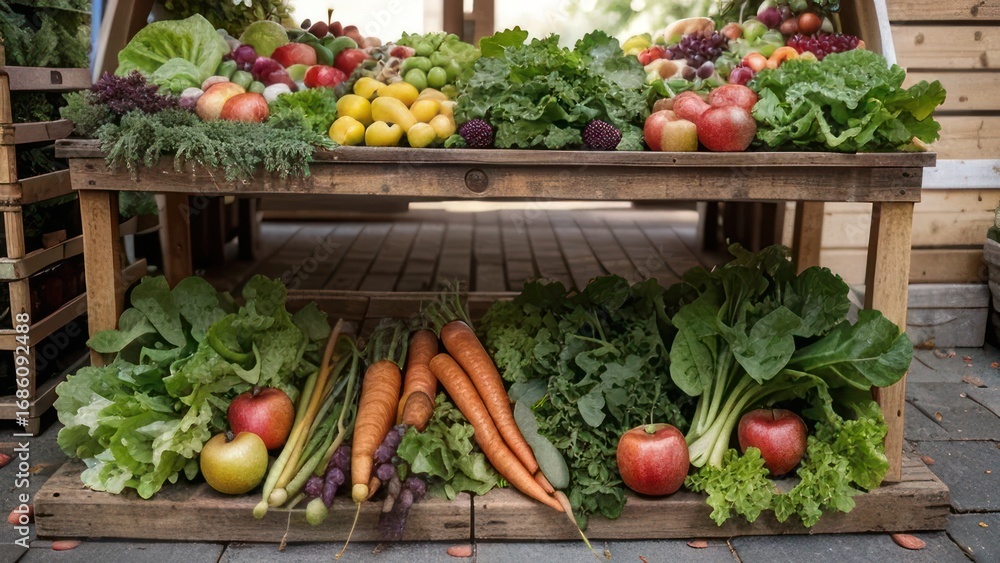 Poster a display of fresh fruits and vegetables sits on rustic wooden shelves, showcasing a vibrant array o