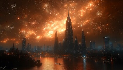 Futuristic cityscape with orange fireworks exploding over a river at night skyline