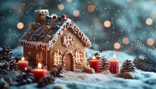 Gingerbread house with red candles and pine cones in snowy winter scene Christmas snow falling