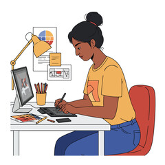 Illustration of a woman at a desk drawing on a tablet A monitor lamp papers pens and a color palette are present