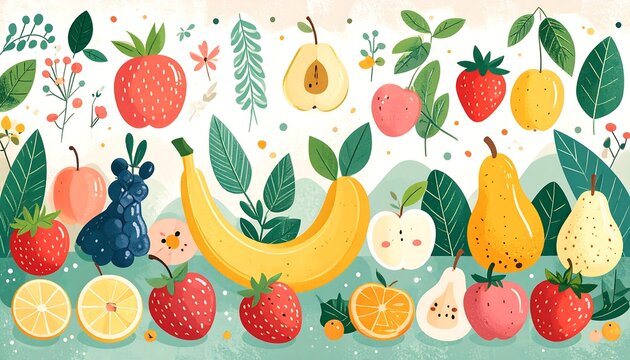 Colorful fruit and flowers illustration - Powered by Adobe