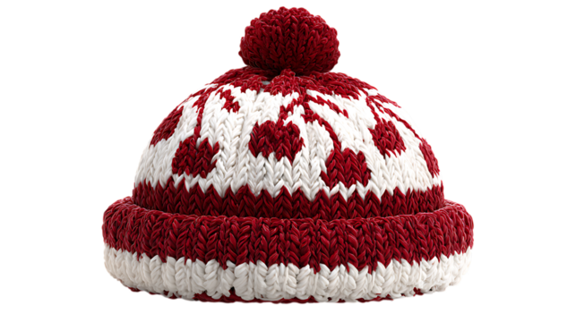 Warm knitted winter hat with red and white pattern isolated on transparent background. - Powered by Adobe