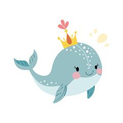 Cute whale with crown isolated on white. Childish print for apparel, nursery, cards, posters. Vector Illustration