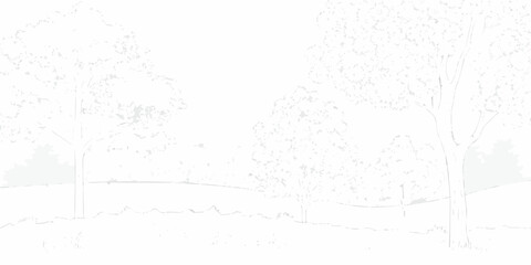 Minimalist outline of a serene landscape with trees and rolling hills in a light gray sketch style