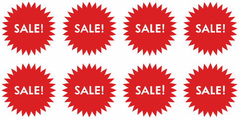 Eight red starburst sale signs with white text on a white background