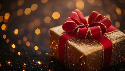 Gold glitter gift box with red ribbon and bokeh lights present sparkling