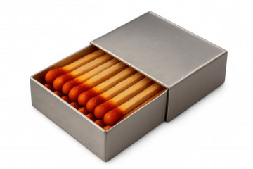 Partially opened matchbox exposing unused wooden matches with red phosphorus heads against transparent backdrop