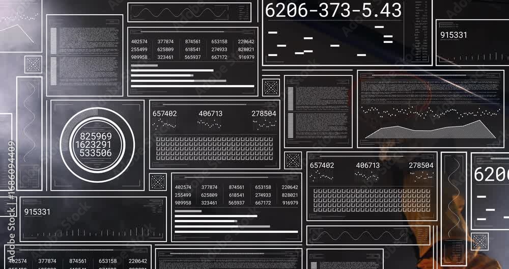 Aufkleber operator stepping behind tech control grid as panels activating, gauges spinning, charts collapsing