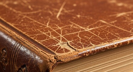 Worn leather book cover with visible cracks and frayed edges, cl