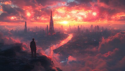 Fototapeta premium Man watching fireworks over futuristic city at sunset with red clouds image