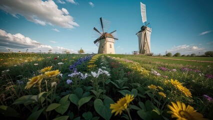 Two antique windmills stand proudly amidst a vibrant flower-filled meadow, bathed in sunlight under a partly cloudy sky.