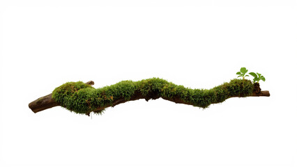 Naklejka premium A lush patch of vibrant green moss thrives atop a weathered brown tree log isolated on a pure white background.