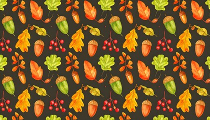 A vibrant autumnal pattern features acorns, leaves, and berries in warm autumnal colors against a dark background.