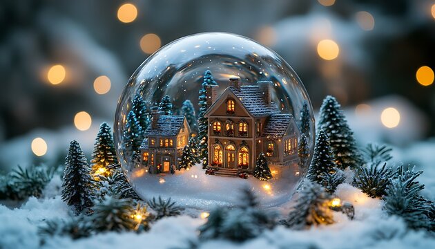 Miniature winter village with illuminated houses inside a snow globe image