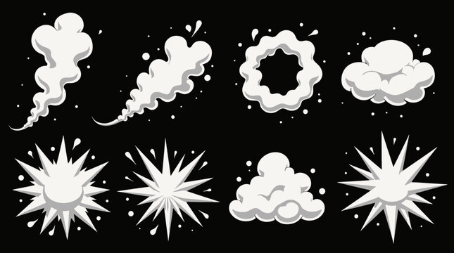 High-quality vector PNG illustrations of various cartoon smoke and explosion effects, perfect for animation, comics, and graphic design projects needing a dynamic visual touch.
