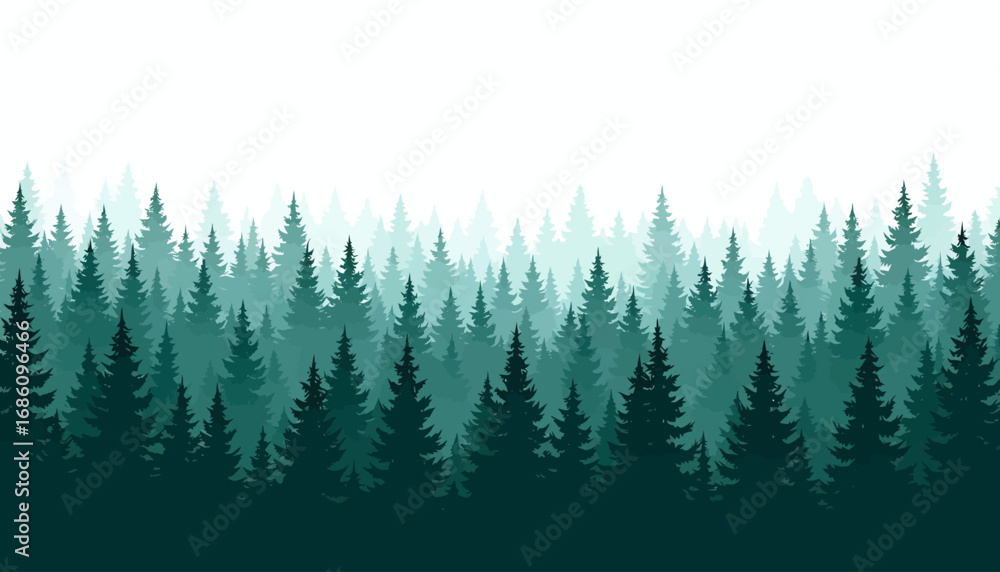 Poster a serene vector illustration showcases a dense forest of evergreen trees in varying shades of green,