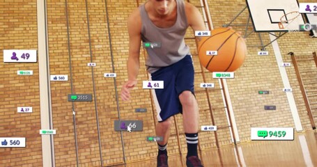 Teenage boy dribbling basketball in gym stream overlay causing viewer metrics boosting engagement - Powered by Adobe