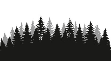 Fototapeta premium A vector illustration depicts a dense forest of evergreen trees against a clear sky, creating a serene and natural scene perfect for backgrounds and designs.