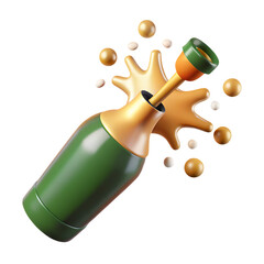 3d bottle of champagne Explosion isolated on white background in plastic cartoon style
