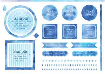 Set of blue watercolor textured frames and lines