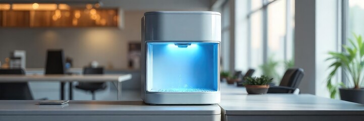 A modern office water cooler dispenses chilled and room temperature water, featuring a sleek design and intuitive controls for easy use , clean, equipment, stainless steel