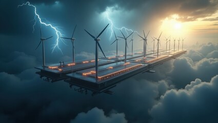Fototapeta premium A futuristic floating energy farm suspended high above turbulent thunderclouds, with sleek solar harvesters and wind turbines