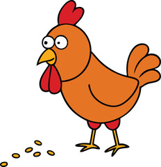 A cartoon chicken stands beside a bowl of food, looking curiously at its meal.