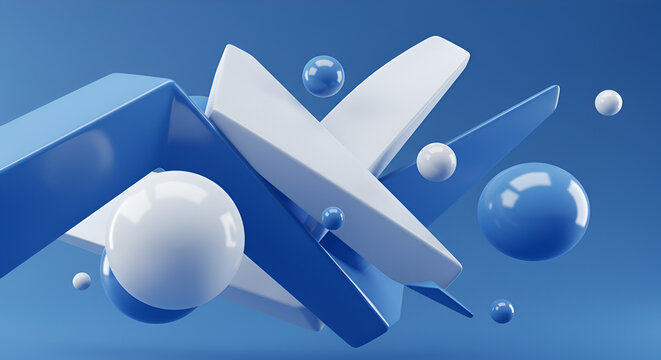 Abstract 3D render with floating spheres and geometric shapes on blue background - Powered by Adobe