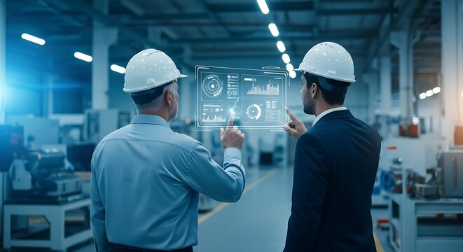 Engineers analyzing manufacturing data using digital interface in factory wearing hard hats