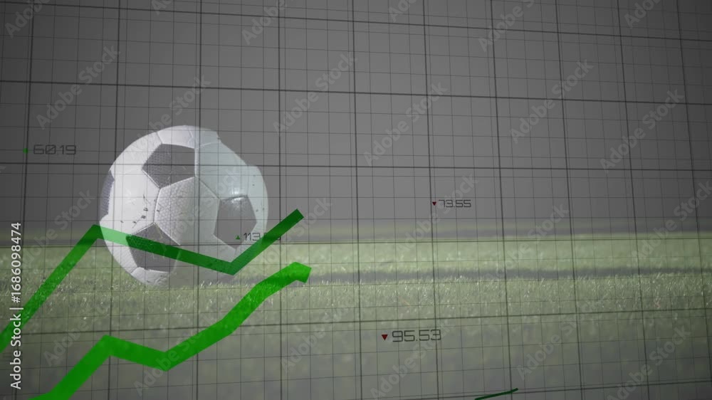 Poster graphs animating on grid then red-socked cleat stepping and pressing ball for performance tracking