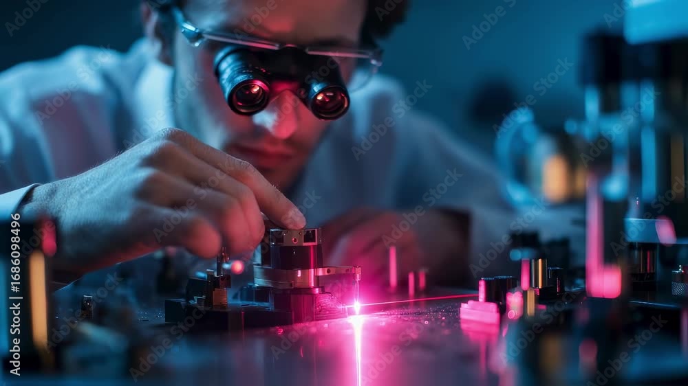 Poster close medium shot of precise laser wavelength calibration by a scientist highlighting the laser modu