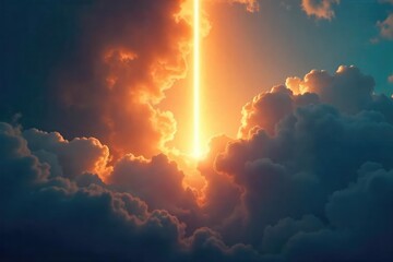 Fototapeta premium A single, bright light beam pierces through dark clouds, symbolizing hope, innovation, and a path to the future A powerful image of inspiration and breakthrough , guidance, clouds, optimism