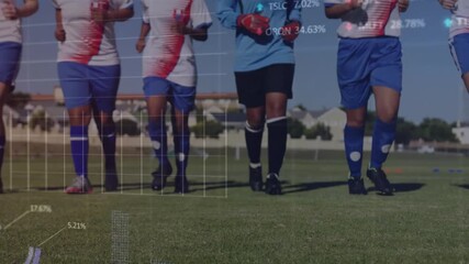 Soccer players starting jog toward camera, unleashing data overlays highlighting running dynamics - Powered by Adobe