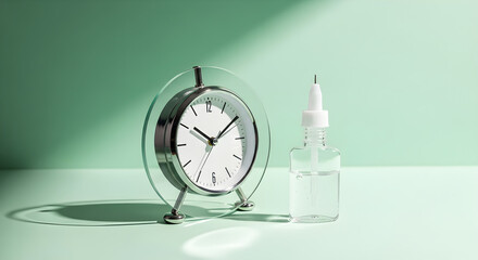 Round analog alarm clock with white face and glass frame beside clear liquid dropper bottle