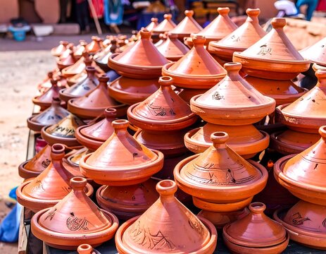Stacked terracotta tagines in a market