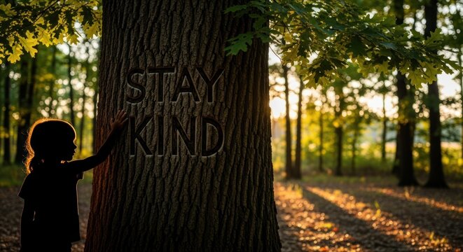 Child Touching Tree with "Stay Kind" Message in Forest