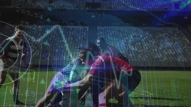 Rugby players forming ruck post tackle, animated data charts highlighting live technology metrics