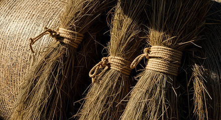 Detailed close-up of bundled dry grass with twine ties, perfect for rustic design, natural textures, and sustainable agriculture concepts with warm lighting