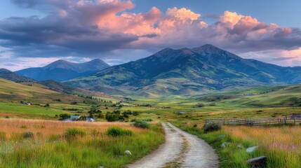 Serene sunset over a mountain valley, dirt road leading into the scene