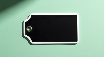 A blank black tag with white border and grommet on a light green empty