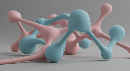Abstract 3D rendering of interconnected molecules in pastel colors on a soft grey backdrop