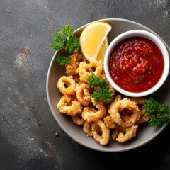 Delicious crispy fried calamari served with tangy marinara sauce lemon wedge and fresh herbs on a modern dark textured background