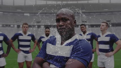 six rugby players on pitch, lineup initiating glowing network overlay visualizing team cohesion - Powered by Adobe