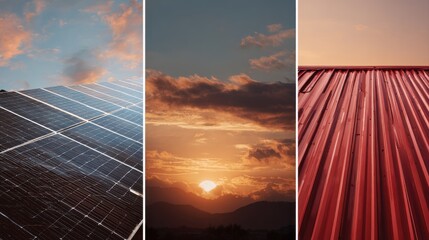 Photo collage of solar panels, photovoltaics on the red roof of a house and a beautiful sky with the setting sun. Alternative electricity source. Concept of sustainable resources