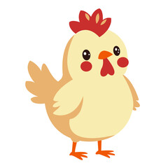 2d illustration cute cartoon hen with cream feathers, red comb, small wings, barnyard chicken character, adorable farm animal for kids design.