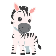2d illustration cute cartoon zebra with black stripes, smiling face, standing pose, adorable savanna animal character, perfect for kids design.
